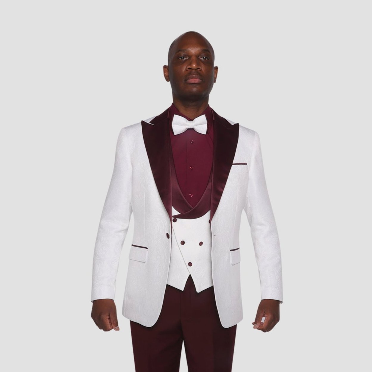 White & Burgundy Tuxedo Suit